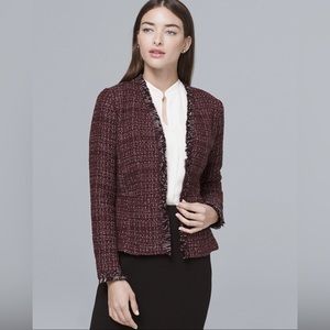 White House Black Market Burgundy Tweed Frayed-Trim Blazer